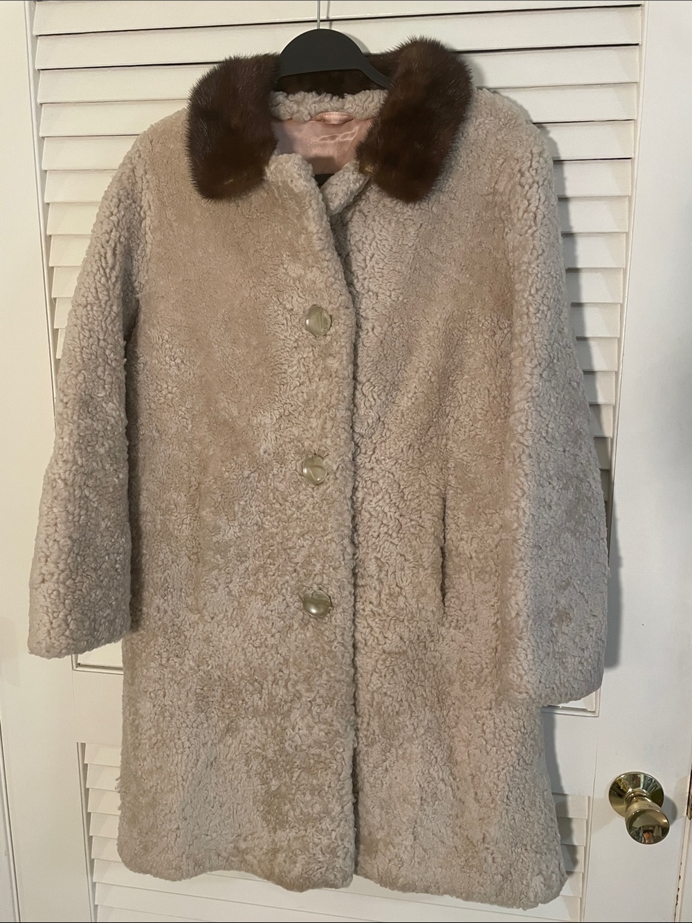 Vintage Cream Teddy Jacket with Brown Fur Collar